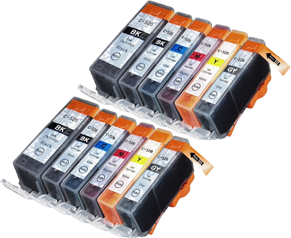 Merkloos   Inktcartridge / Alternatief voor de Canon CLI-526 | PGI-525 cartridges, set van 12 stuks. Foto Zwart / Zwart / Cyaan / Magenta / Geel / Grijs / Hoge Capaciteit